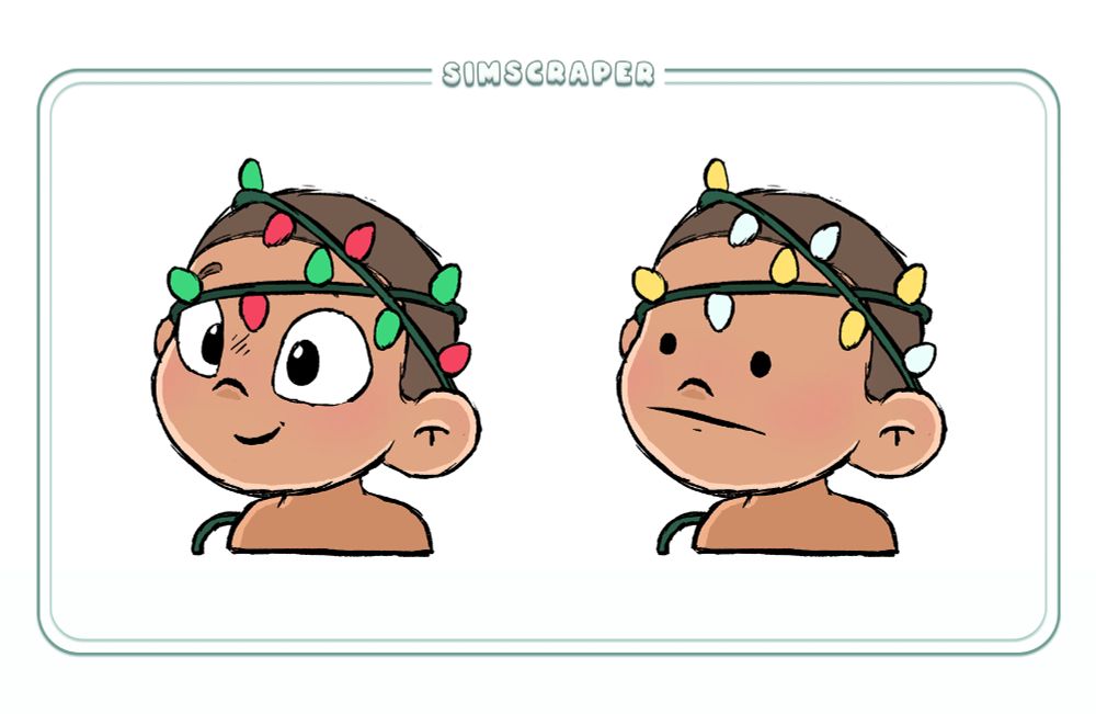 Personalised Your-Character-Here Twitch emotes. The two pictured here are base examples. The left character has big white eyes and a smile, and the right character has a blank, unimpressed expression. They're both wrapped in fairy lights.