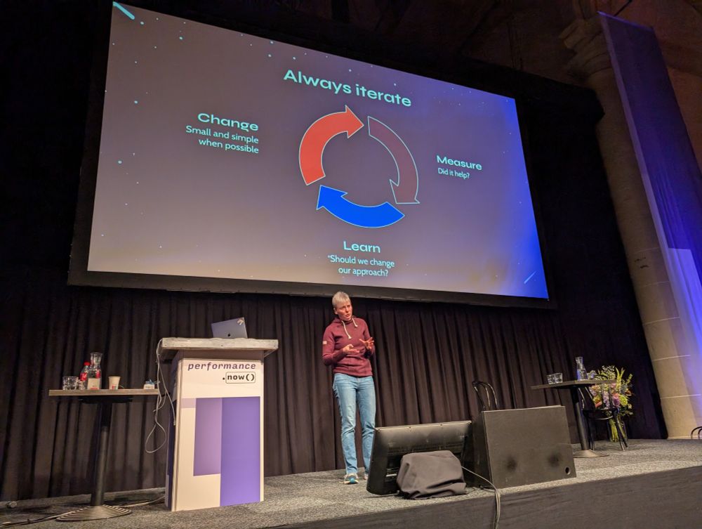 Annie Sullivan on stage at perfnow, with a slide showing the cycle of change - measure - learn