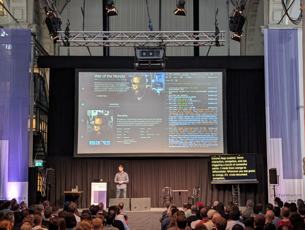 Michal Mocney presenting at perfnow about SPA heuristics, demoing being able to measure LCP and other metrics on soft navigations