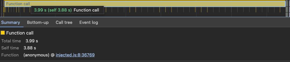 Chrome's performance timline, showing a 3.99s long task caused by a script injected by the 1Password Chrome Extension.
