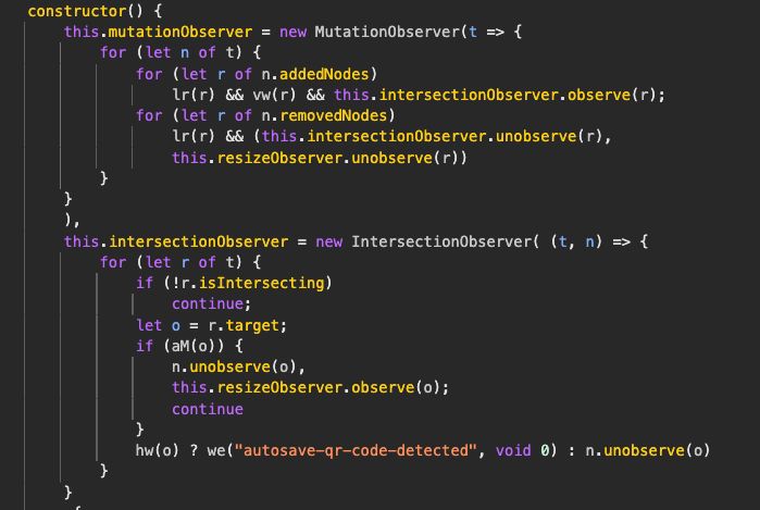 Screenshot showing the chunk of code (a mutation obsever) in the 1Password extension that seems to be the culprit.