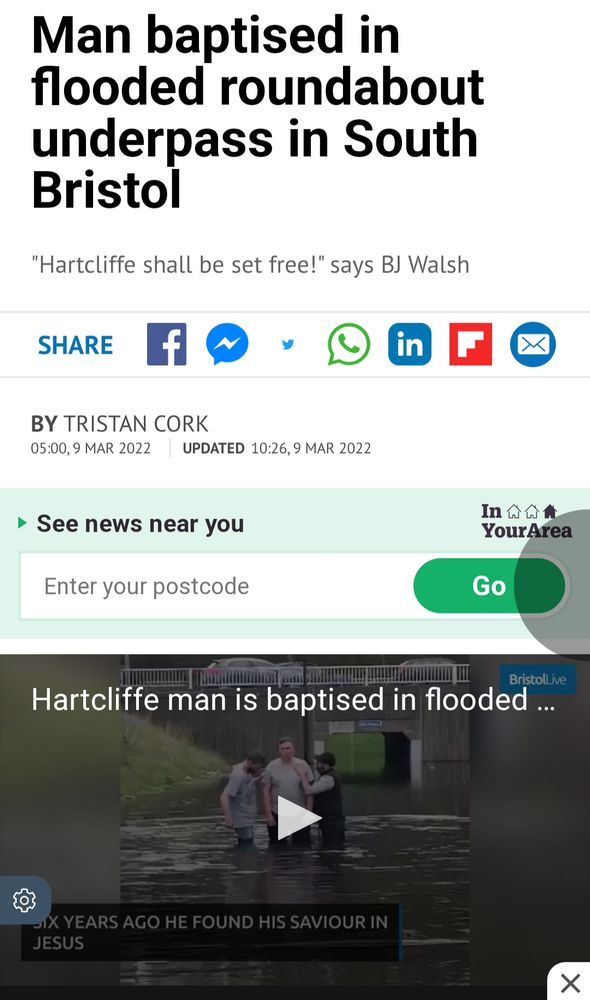 A news article about a man being baptised in an underpass in South Bristol 