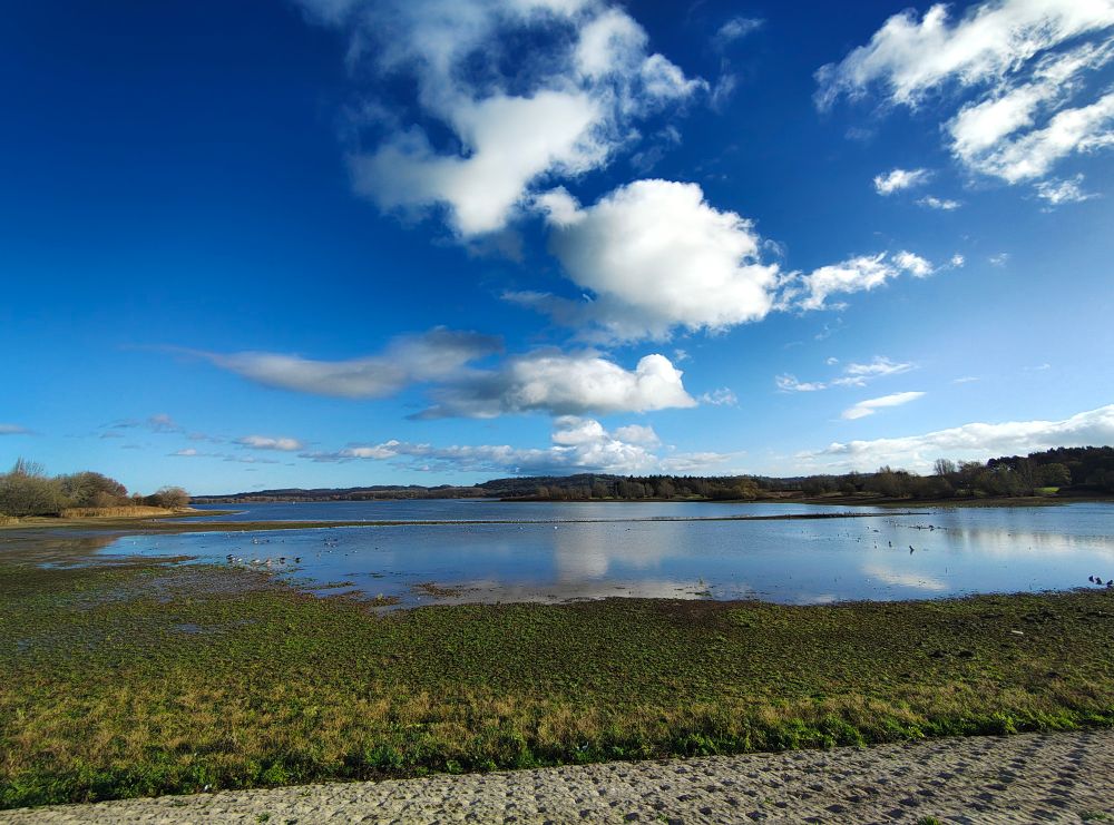 Reservoir, blue but cloudy sky 
