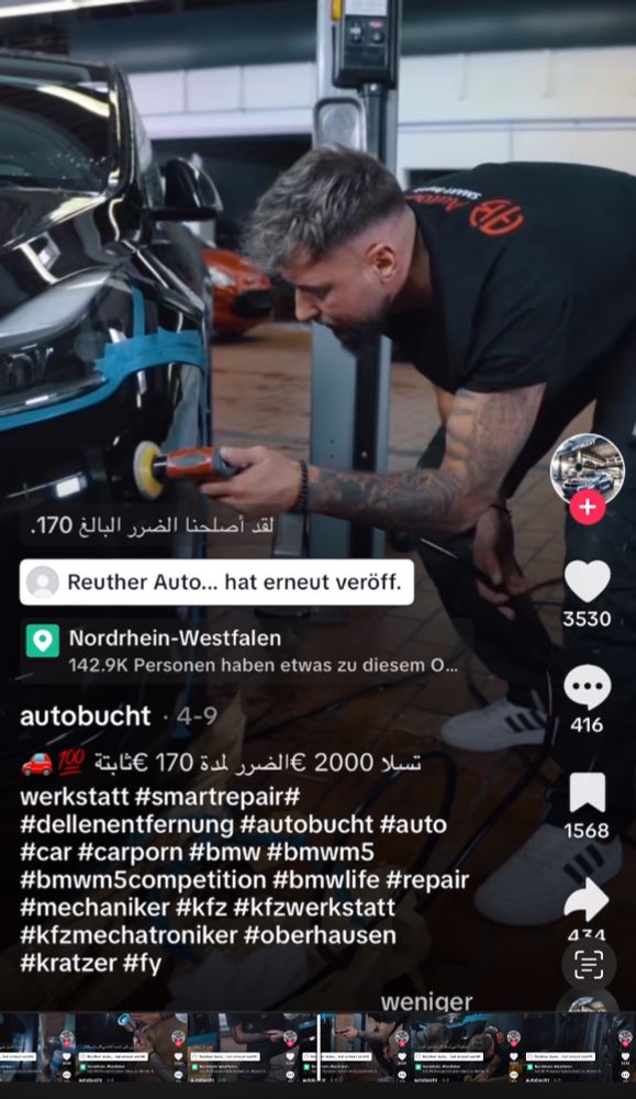 Screenshot eines TikTok-Videos der Fa. Reuther Automobile zeigt einen Mitarbeiter beim Lackieren eines Maserati. Auf dem Rücken deutlich zu erkennen das Firmenlogo „RA“ der Fa. Reuther Automobile.