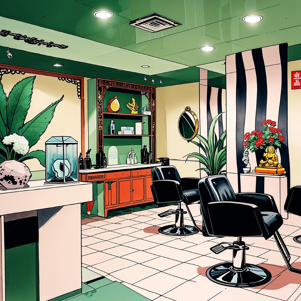 Image is a stylized illustration of a modern hair salon interior. The layout features a spacious room with a tiled floor in a light beige color. The walls are painted in a combination of green and cream, with a bold black and white striped accent wall. There are two black salon chairs with shiny surfaces positioned in front of large mirrors. A counter on the left side holds a variety of hair products and a decorative glass container. A shelf in the background displays more products, a yellow vase, and a small statue. A large plant with broad leaves is placed near the entrance, adding a touch of greenery. The ceiling is painted green with recessed lighting, creating a bright and inviting atmosphere. A red sign with white text is visible on the wall, adding a pop of color. The overall design is clean and modern, with a mix of traditional and contemporary elements.