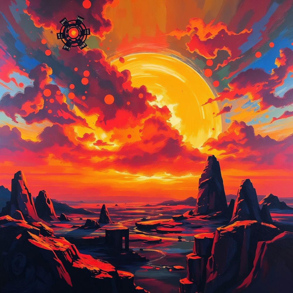 A vibrant digital painting depicting a surreal landscape at sunset. The scene is dominated by a massive, glowing sun setting on the horizon, casting vivid hues of orange, red, and yellow across the sky and clouds. The foreground features jagged, dark rock formations that contrast sharply with the bright sky, creating a dramatic silhouette effect. The landscape appears otherworldly, with a series of rocky outcrops and a winding river or path leading towards the horizon. In the upper left corner, there is a futuristic, circular emblem or logo with intricate geometric patterns, rendered in black and red, adding a sci-fi element to the composition. The overall style is bold and dynamic, with a focus on intense color contrasts and imaginative scenery.