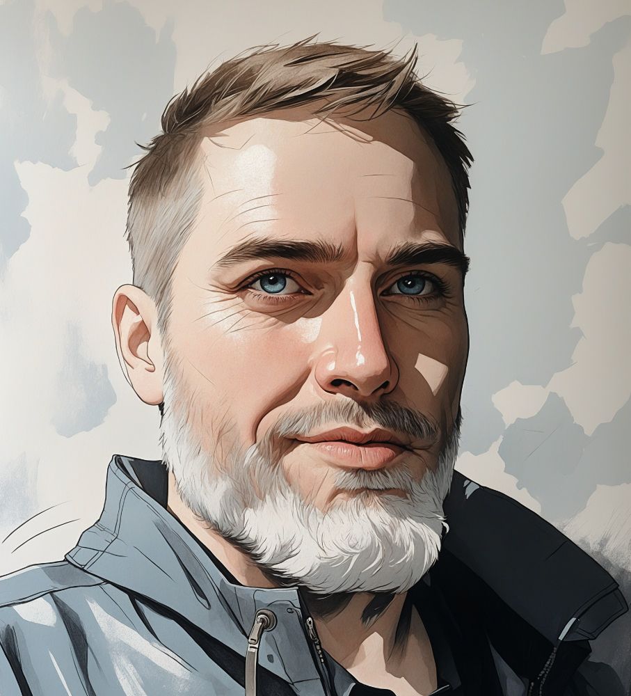 Image is a digital illustration featuring a middle-aged man with a light skin tone. He has short, light brown hair with a neatly trimmed white beard and mustache. His facial features include prominent cheekbones, a straight nose, and piercing blue eyes. The man is wearing a dark gray jacket with a high collar, which is slightly open at the neck. The background is a soft blend of light gray and white, resembling a cloudy sky. The illustration style is realistic with a painterly touch, emphasizing shadows and highlights to create depth and dimension.