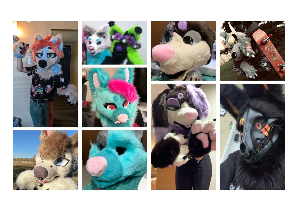 collage of fursuit examples, from left to right kadywerewing partial commission, personal and friends suit from 2019, "sega" premade partial WIP, personal suit (missing) 2019, b1ue_ag1nt head commission, personal aussie shep suit, b1ue_ag1nt head WIP, "sega" premade partial finished, (sam's partner) skull dog commission