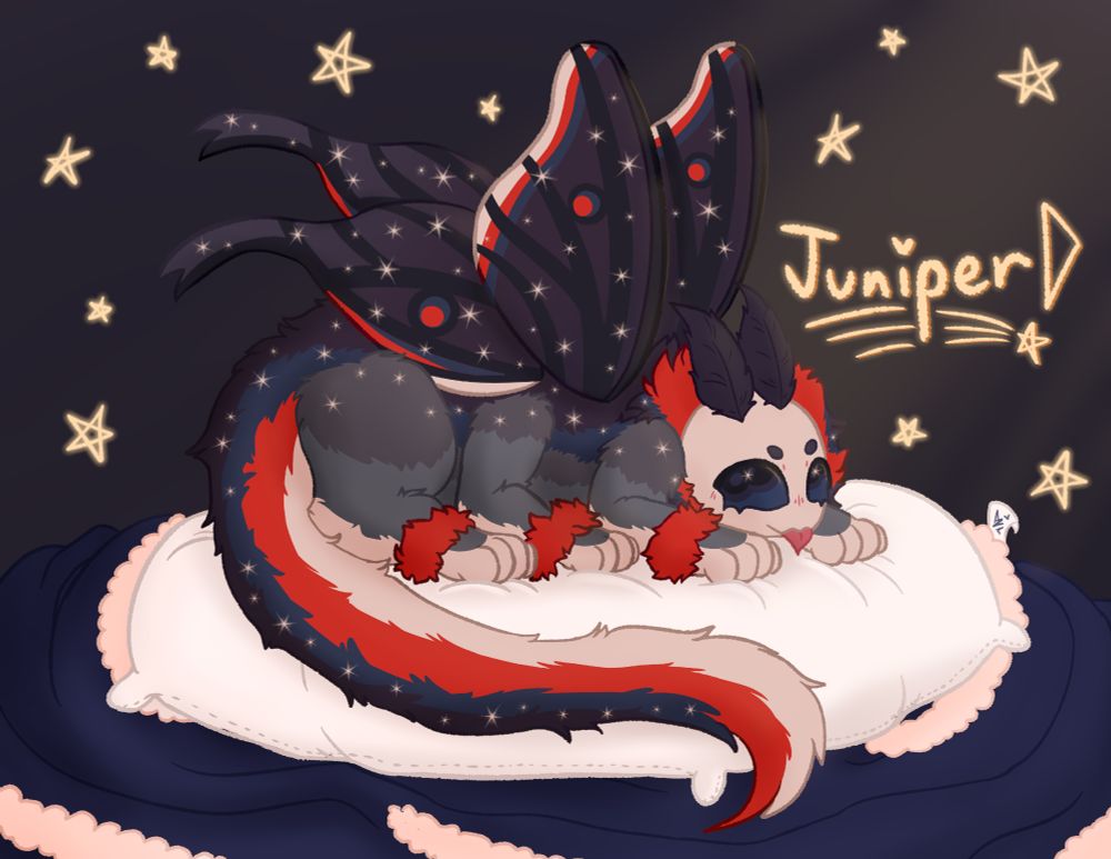This is FantasyFawkes' oc Juniper, a red, tan, purple, and blue Fae Moth Dragon resting on a soft pillow with a light hitting their sparkly body!