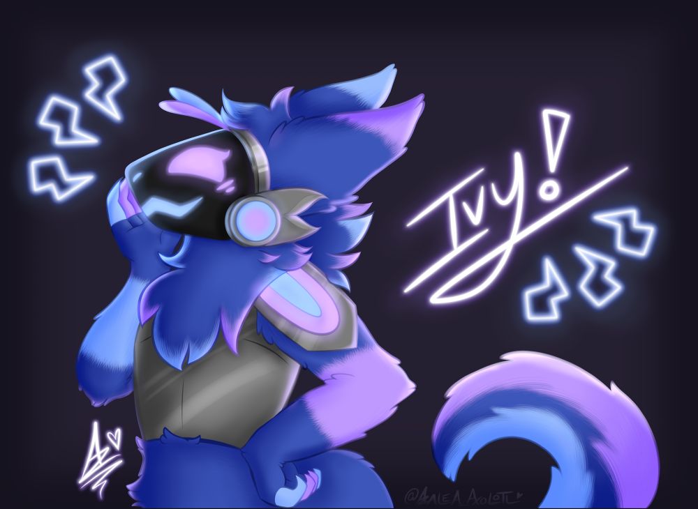 A digital art piece of a purple and blue tinted Protogen, with a hand on their hip and on the face, I really enjoyed drawing this!