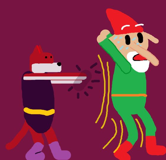 A Microsoft Paint drawing of a red doglike person chasing a taller gnome. The doglike person is wearing dark purple clothes and purple shoes, magic cackling in their hands. The gnome with green clothes, red shoes and red hat is running away, sweat in his white bearded face.