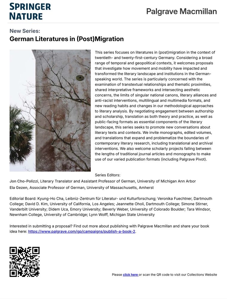 CFP and project description for the new Palgrave book series: “German Literatures in (Post)Migration“ co-edited by Ela Gezen and Jon Cho-Polizzi with an epic editorial board 💪🏽 