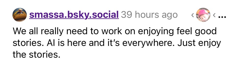 Screencap of a skeet from smassa.bsky.social:

"We all really need to work on enjoying feel good stories. Al is here and it's everywhere. Just enjoy the stories."