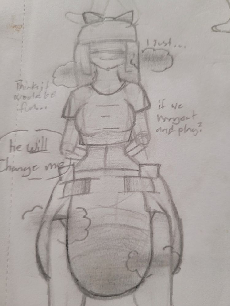 My camera is on a downward angle to give the illusion of the sketch being drawn from a low point view.

This diaper design is sorta old. I'm proud of the steam around Shella, and text I guess. 