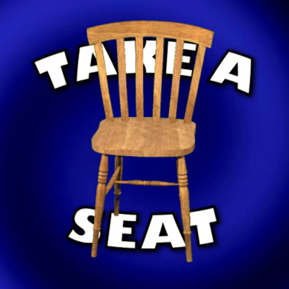 a wooden chair on a blue background with the words take a seat