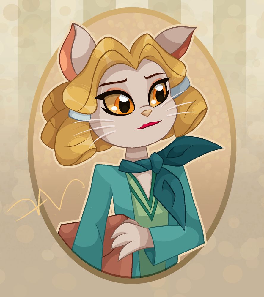 A drawing of Lacy Hardt holding a satchel under her right arm. She's staring slightly to the side with a light smile.