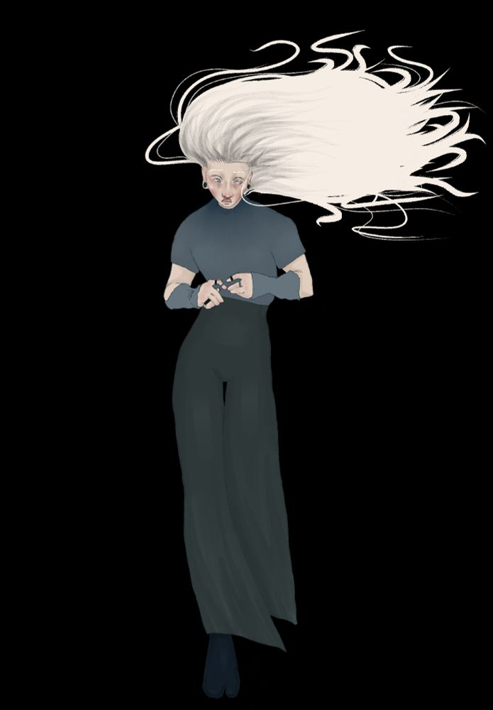 A digital drawing of Zephyr. He is depicted as a thin man with long, blond hair that is blowing in the wind; his hair is black at the roots. He is wearing a short sleeve grey shirt with grey arm bands and black pants.