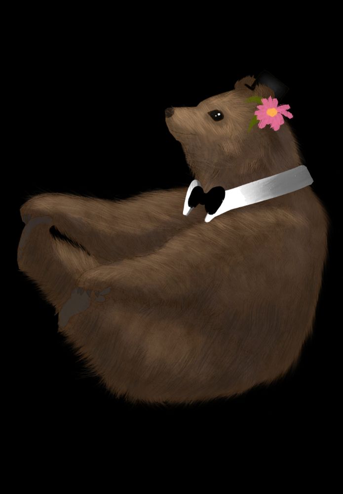 A digital drawing of a bear in a top hat. He also has a white collar and black bowtie. There is a pink flower behind his ear.
