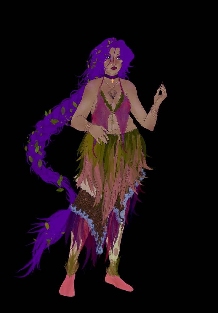 A digital drawing of Persephone. She is depicted as a chubby woman with long, braided purple hair. She is wearing very flowy clothing that mimics the look of feathers or moss in pinks and greens. She has on a dark pink halter top with an opening at the stomach.