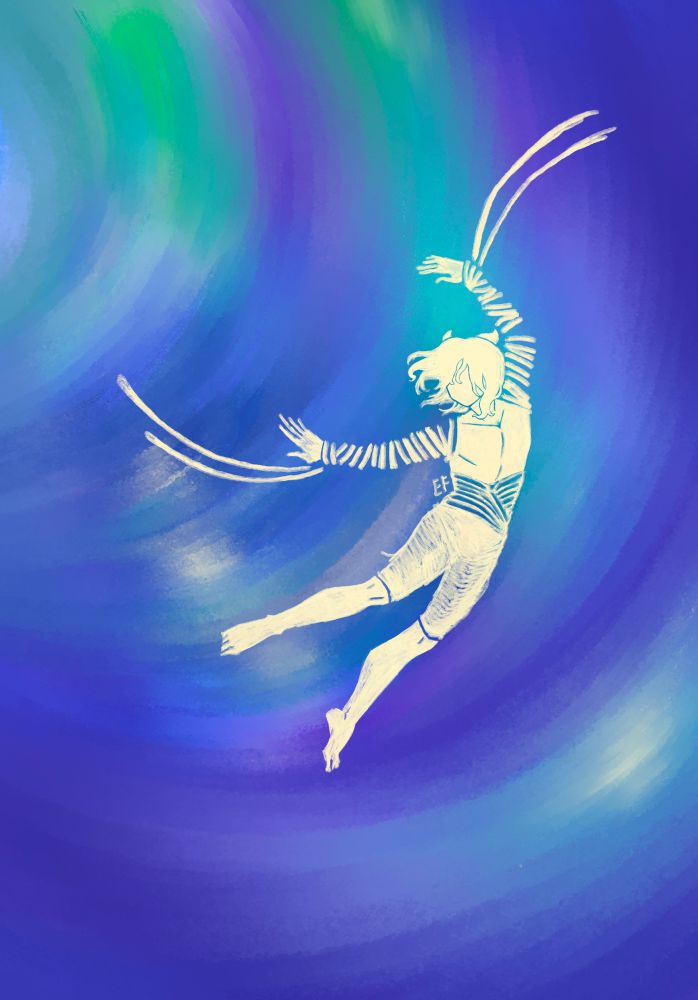 Digital illustration of a pale silhouette male character seemingly dancing on a green/violet/blue background. Character has long ribbons trailing from his hands