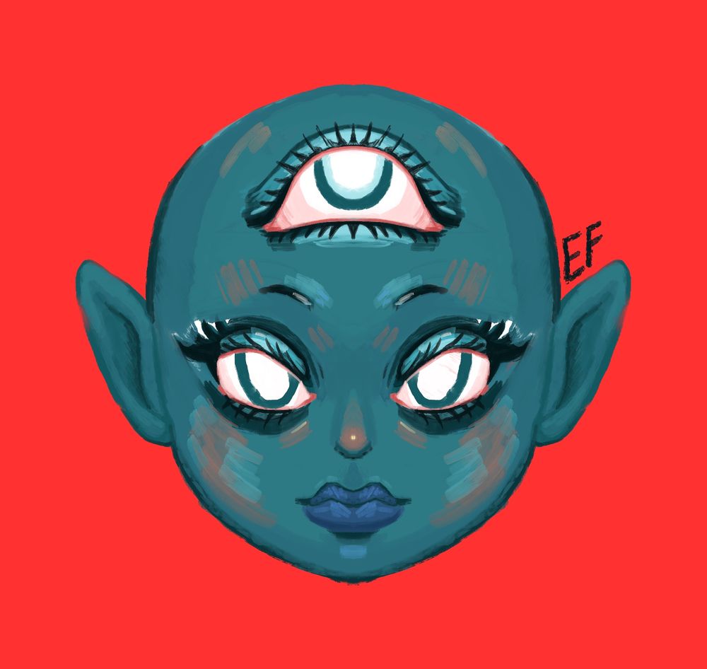 Digital illustration of a kinda chibi head on a red background. The face is rendered in a loose digital painting style with visible brush strokes. The character has deep cyan/green skin, three eyes with big feminine lashes, pointy ears.