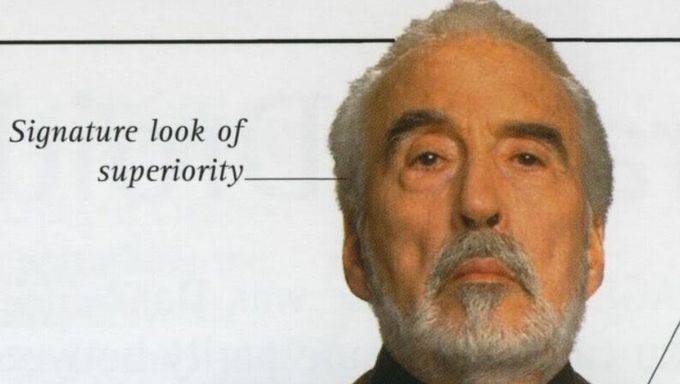 count dooku from star wars with a raised eyebrow and the caption "signature look of superiority" 