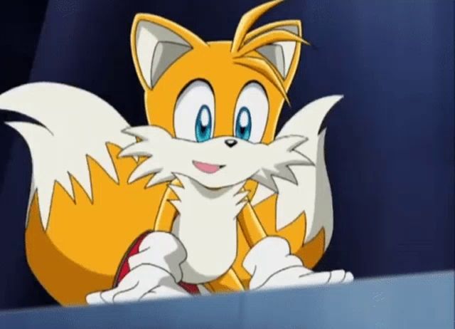 tails from sonic the hedgehog is smiling and looking down