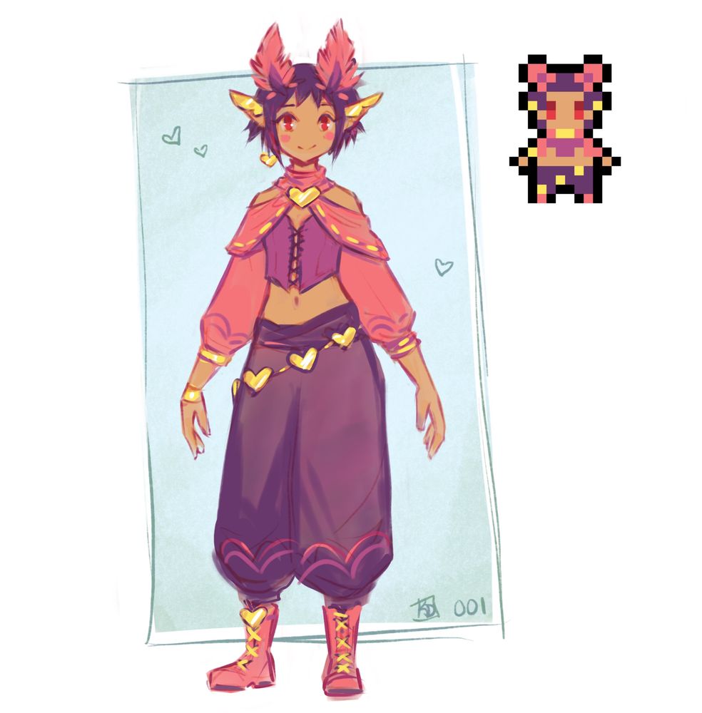 A drawing of a fantasy character with purple and pink hair and clothing, elf ears, moth antennae, and golden accessories