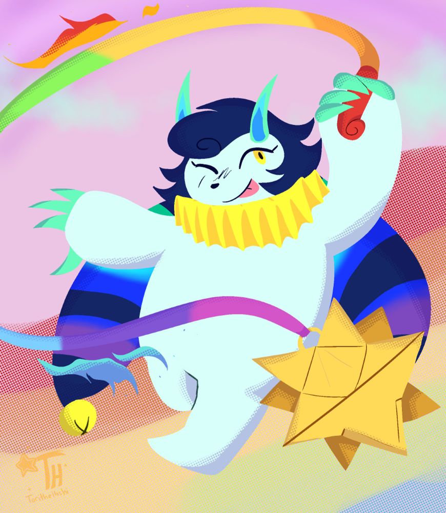 A lineless piece depicting a rabbit like creature with horns and wearing a yellow ruffled collar that's swinging around a rainbow-colored whip that has a star like flail at the end that's the closest to the camera. They're giving a wink and sticking their tongue out in a silly manner while doing so - likely performing something like a show.

They're standing on what looks like a rainbow, and surrounded by a pink sky with some clouds in the background. What look like flames also look like they're coming off of the whip.