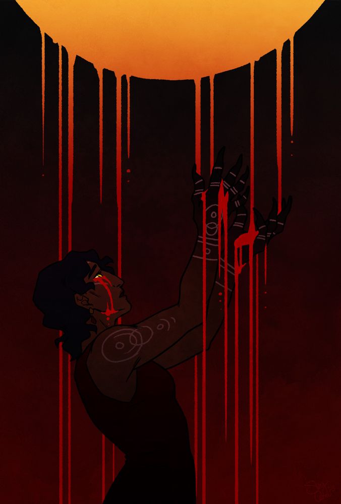 A gold sun drips blood into the clawed hands of a woman who is crying blood. Her expression suggests a mix of sorrow and longing.