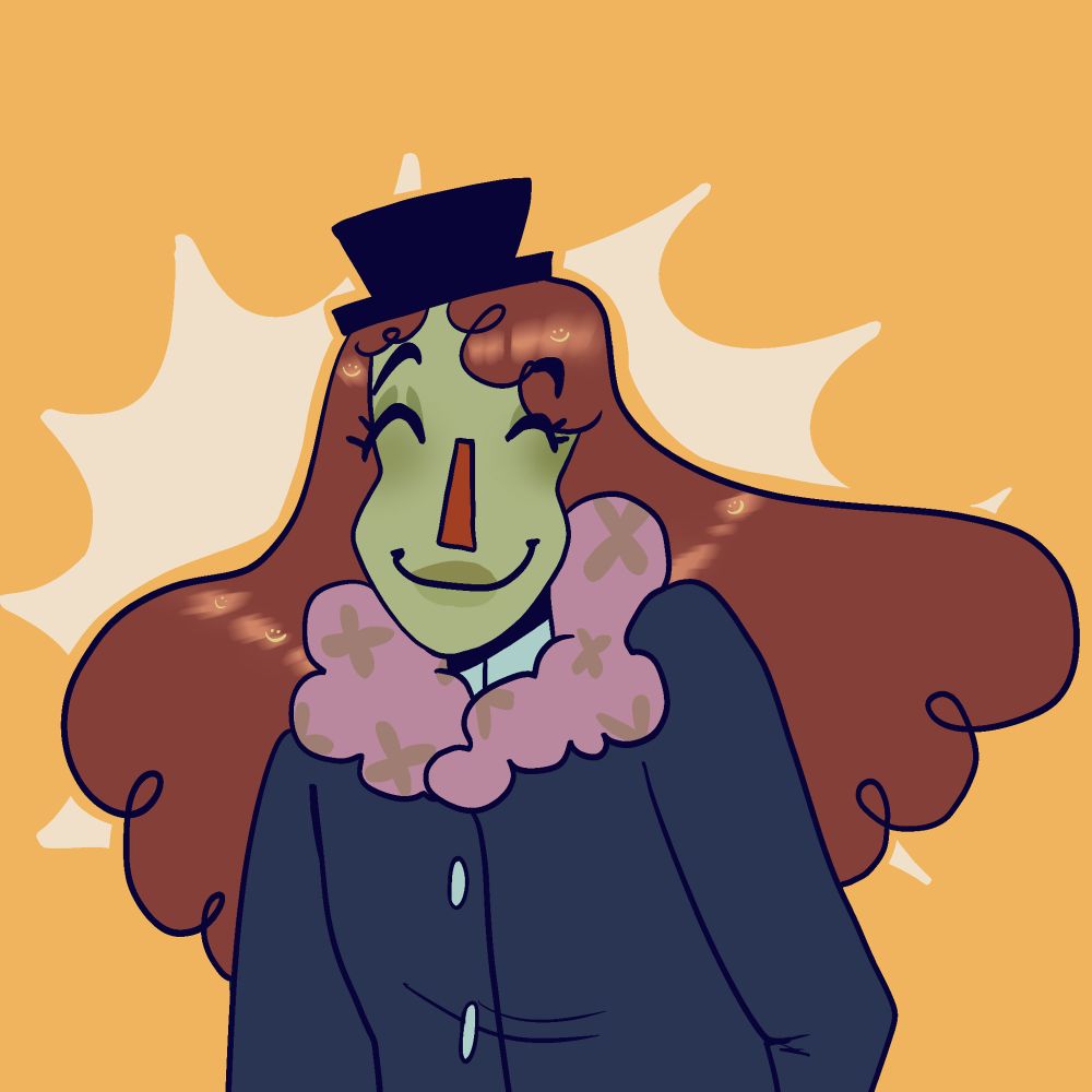 A bust drawing of Boris Habit from Smile for Me. He has his eyes closed and is smiling. There’s a yellow background with an off white shape behind him. 