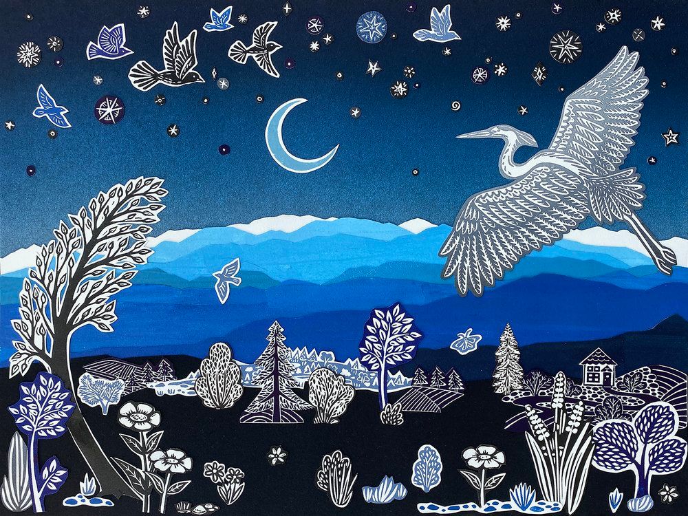 Collage in blues, whites, and blacks with a landscape and birds.