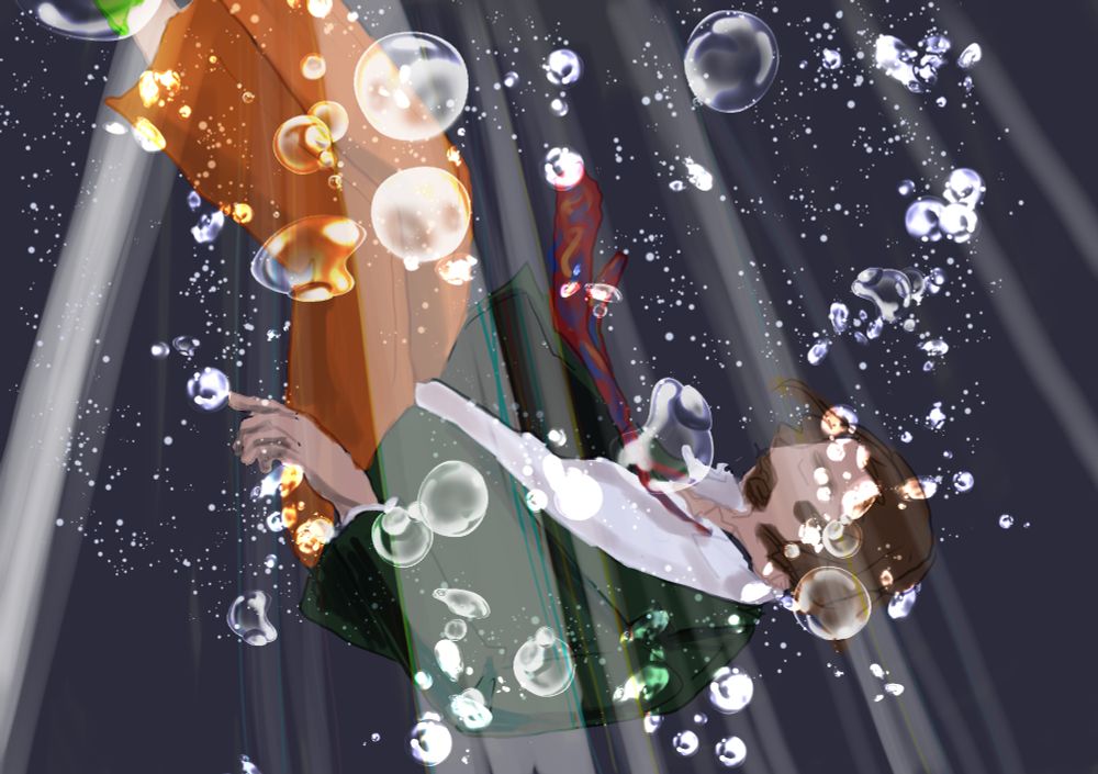 水に沈み込むハリーの絵。暗い水中に薄い光が差し、ハリーが飛び込んだことによる水泡が浮かんでいる。