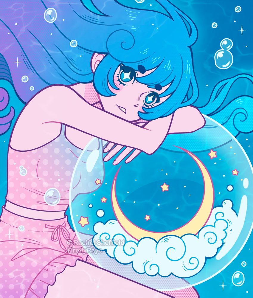 an illustration of a girl underwater leaning on a large bubble containing a crescent moon)
