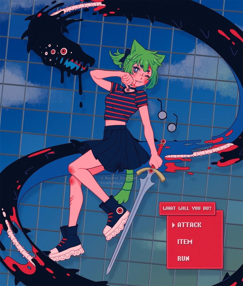 A digital illustration of a green-haired cat girl fighting against a large snake monster