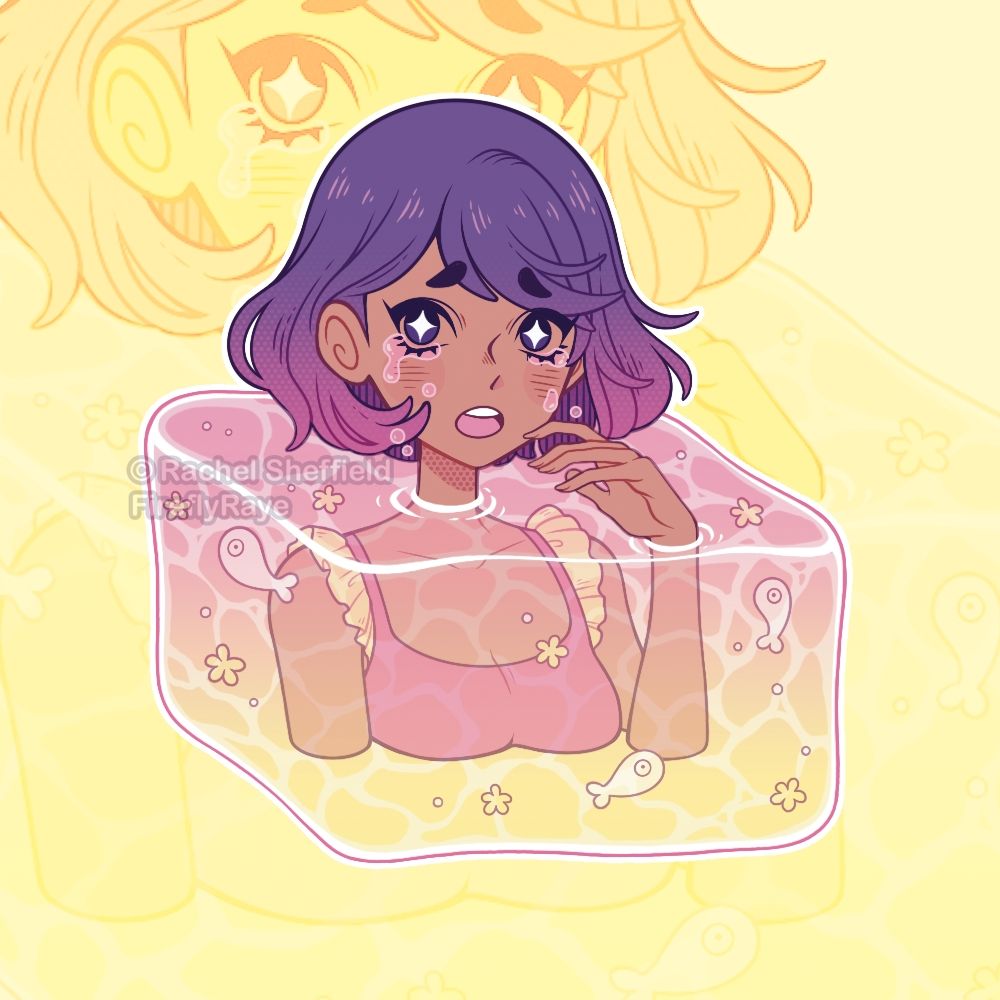 A sparkle sticker design of a girl crying so much that the space surrounding her is flooded.