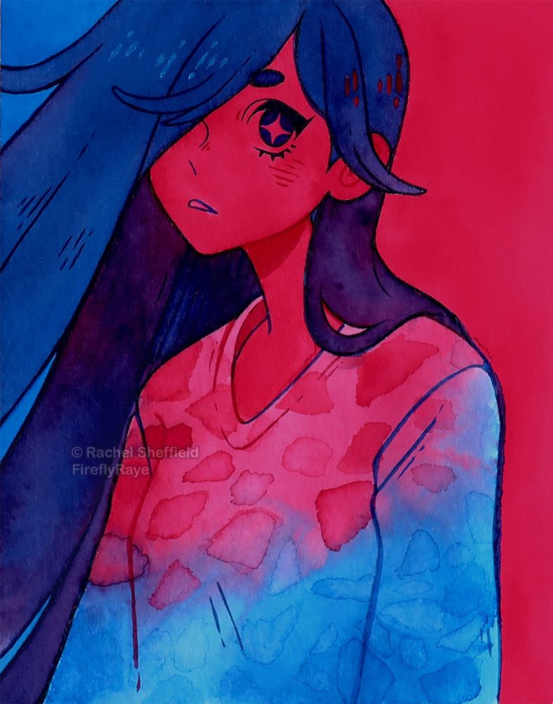 A watercolor painting of a girl with long hair, wearing a large sweater, painted in reds and blues.