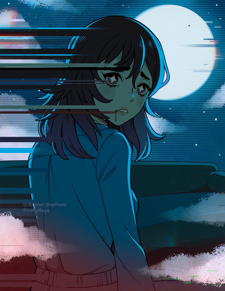 A digital illustration of Anya from the game Mouthwashing sitting in front of a night-sky screen, looking back. 