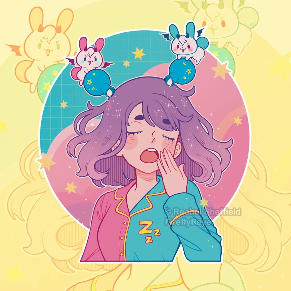 A sparkle sticker design of two demon bunnies pouring sleep powder over an anime-style girl. 