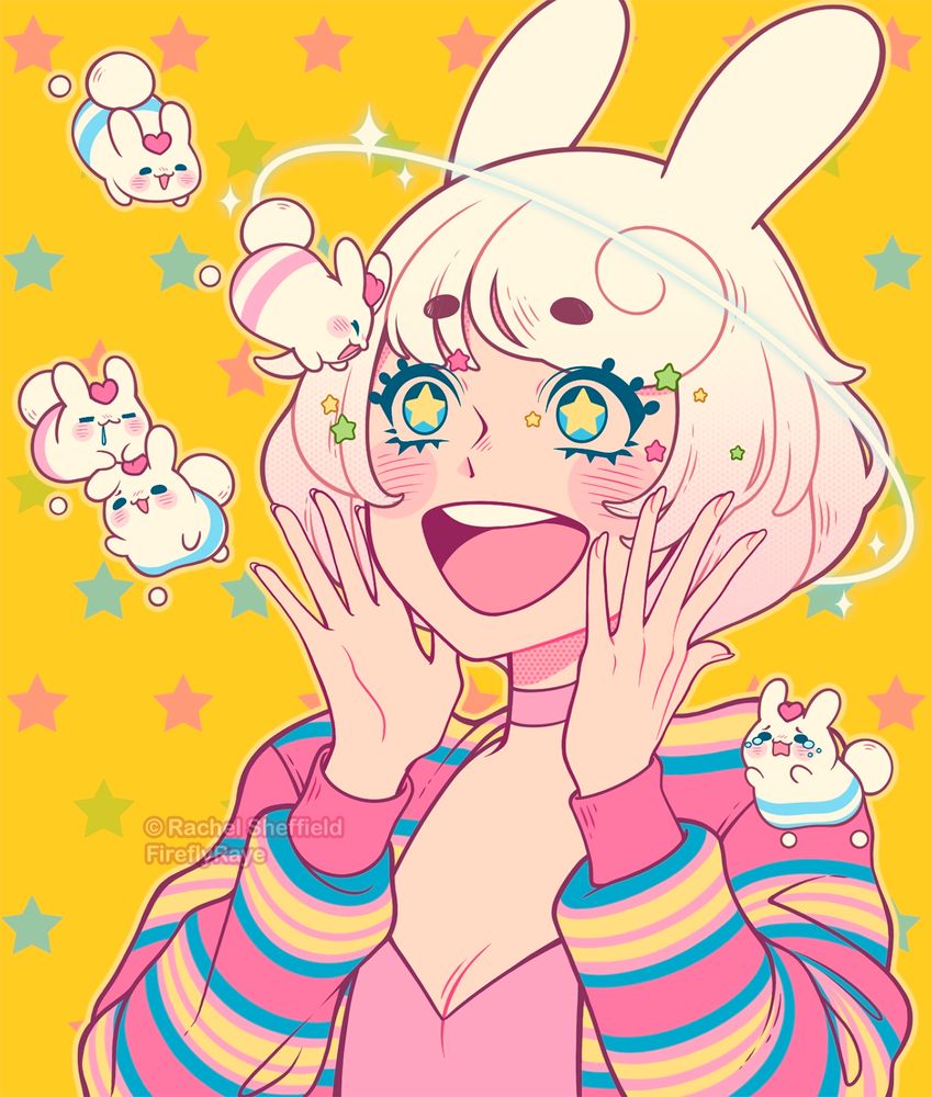Digital illustration of an anime-style bunny girl smiling at small floating alien bunnies