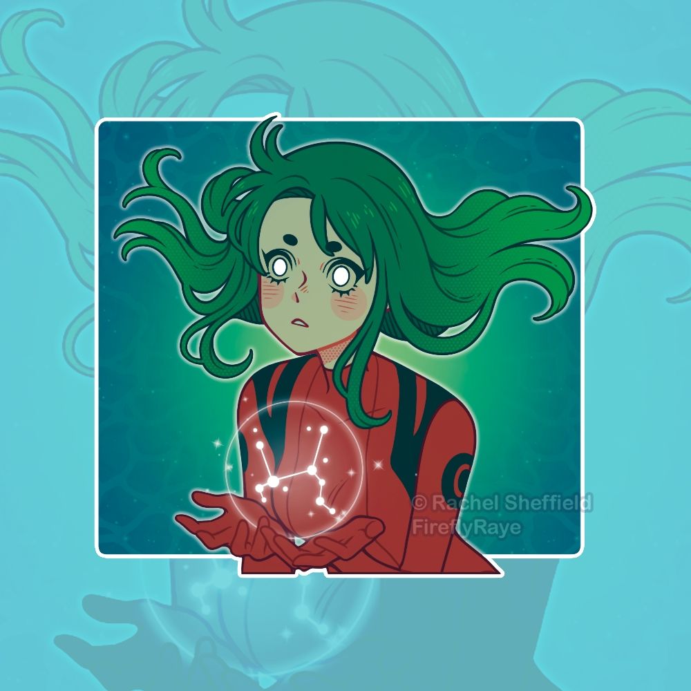 A sparkle sticker design of an anime-style girl wearing a futuristic spacesuit holding up a constellation.