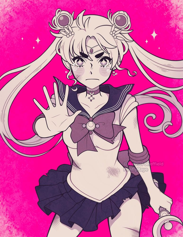 A digital illustration of Sailor Moon drawn in black and white on a hot pink background. She is wielding the Moon Stick and holding her hand up in front of her, bracing. 