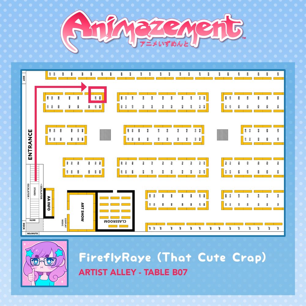 A map of my artist alley table location (B07) at Animazement 