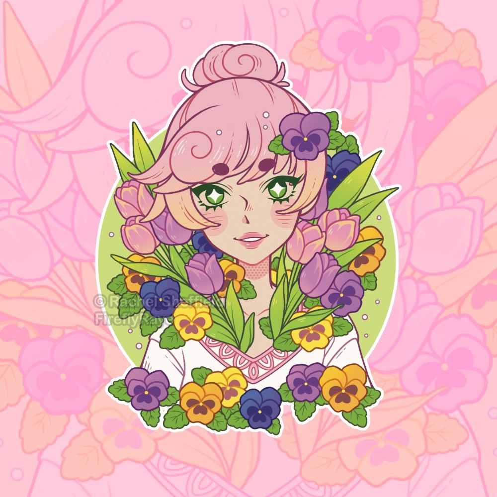 A sparkle sticker design of a girl surrounded by colorful tulips and pansies.