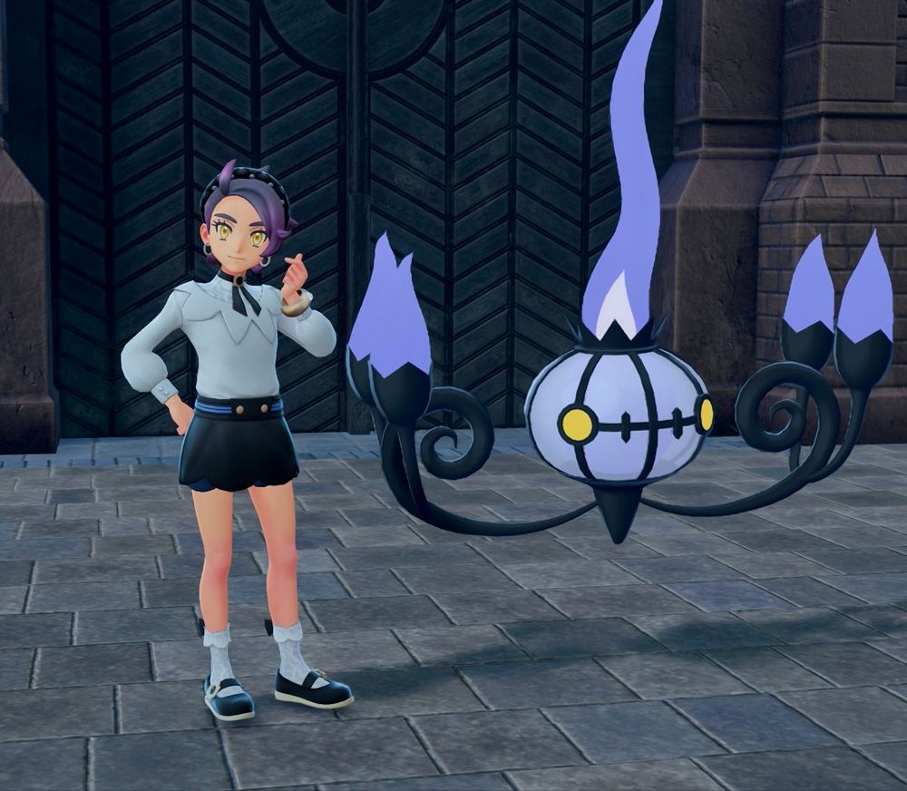trainer in a Chandelure-inspired outfit (purple black and white, kind of Victorian). 