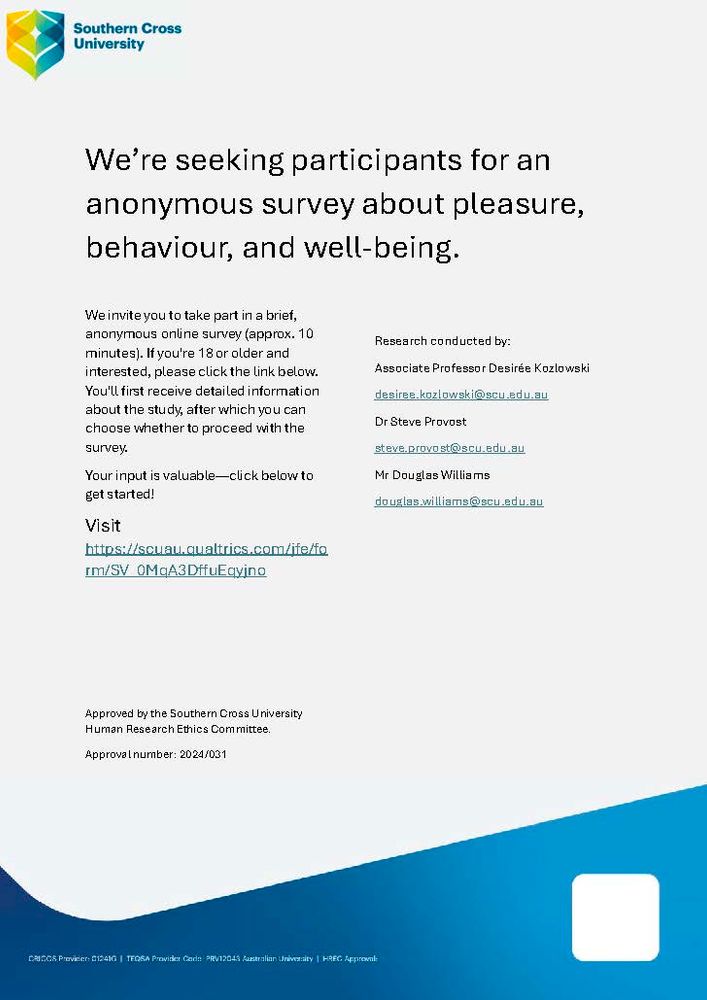 Flyer advertising a Southern Cross University online, anonymous research survey about pleasure, behaviour, and well-being. Ethics approval 2024/031.