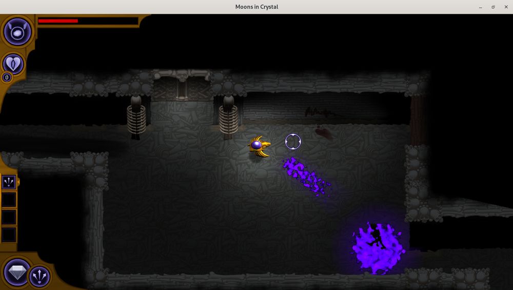 A screenshot from the work-in-progress video-game "Moons in Crystal".

Specifically, it shows an area of the Ossuary Moon that is greyer than usual.

Nearby is a bone-door, flanked by two pillar-like arrangements of long-bones and ribs, surmounted by skulls. To the left of that, a dark streak exits to another room. On the floor to the other side are spots and a large smear of a dark red colour--and above those, on the wall, can be seen a scrawl in the same hue...

To one side, a particular wall can be seen to be discoloured.

And advancing towards the player from the bottom-right side of the image is a dark, emaciated figure, surrounded at its feet by vivid purple flame. From that figure's direction, a streak of purple fire travels in the player's direction.