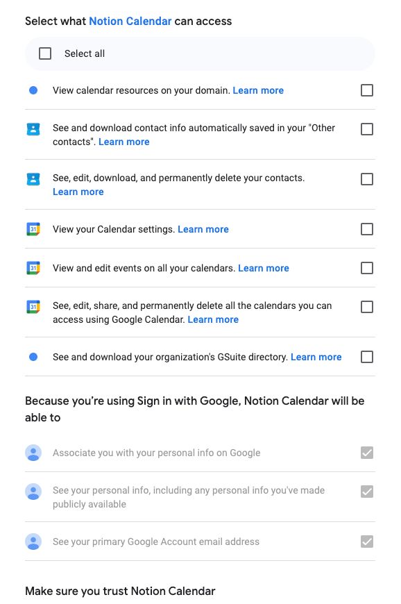 An absolutely insane amount of permissions the new Notion Calendar wants to just exist as a calendar.