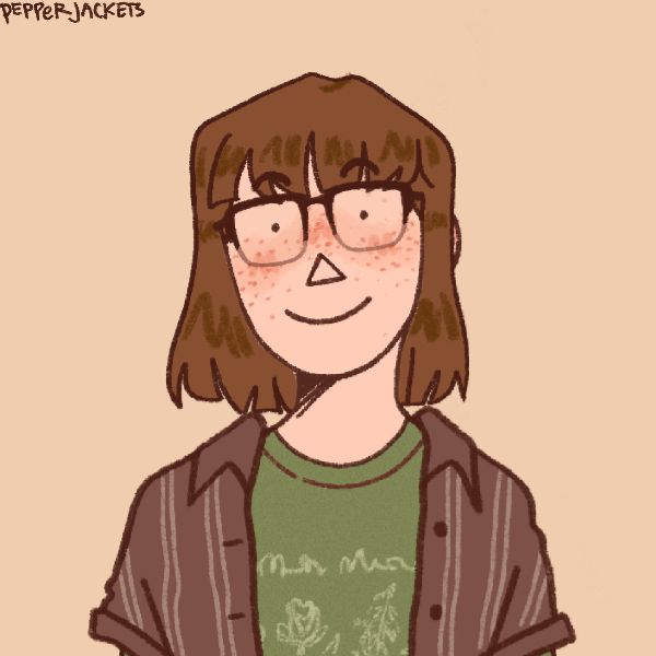 Illustration of Olivia Mae made with a Picrew app by Pepper Jackets. Olivia is a white woman with freckles and glasses. Her brown hair is in a shoulder-length bob. She wears a green t shirt with a flower graphic underneath a brown button-down shirt. 