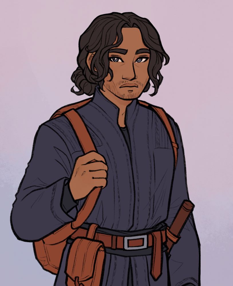 Artwork of Silas. He has brown skin, pale blue eyes, and dark hair tied back in a low knot. His face is serious. He is wearing a black tunic and a backpack. He has a belt around his waist with several pouches, and a staff is at his side. 